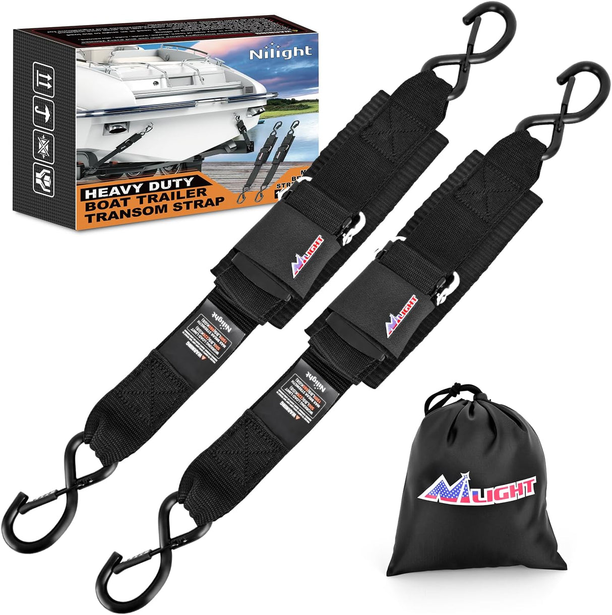 Tie Down Kits 2 PCS 2 Inch x 48 Inch Adjustable Boat Trailer Straps | for Trailering Safety with Boat Jet Ski Kayak Secure Black 1500 LBS Max Break Strength