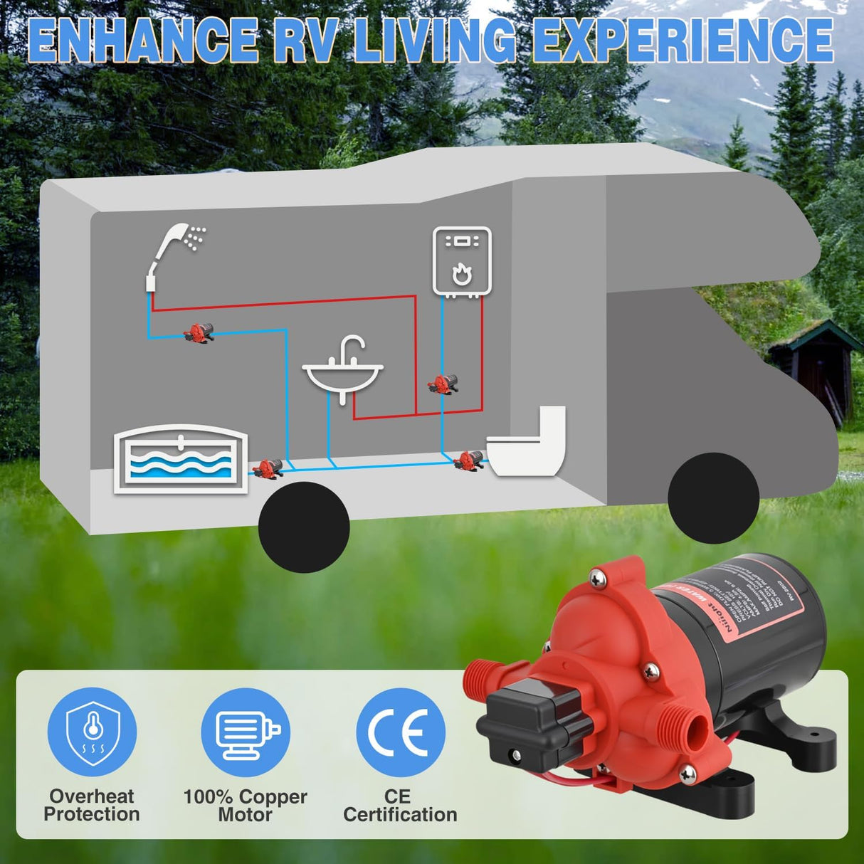 RV Water Pump, 12v Water Pump 3.5 GPM 45 PSI with Pressure Switch and Strainer Heavy Duty Diaphragm Pump 12 Volt DC Upgrade Self-Priming Low Noice for RV Marine Yacht Caravan Camper Trailer