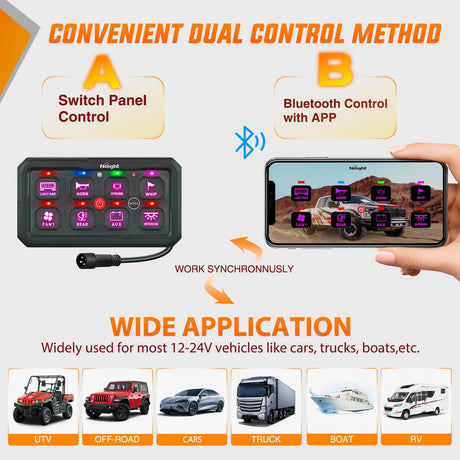 8 Gang Switch Panel Circuit Control Relay System APP RGB Backlight Double Row Fuse Wiring Harness Toggle Momentary Strobe Flash Modes Automatic Dimmable 12V 24V for Car Truck Camper SUV