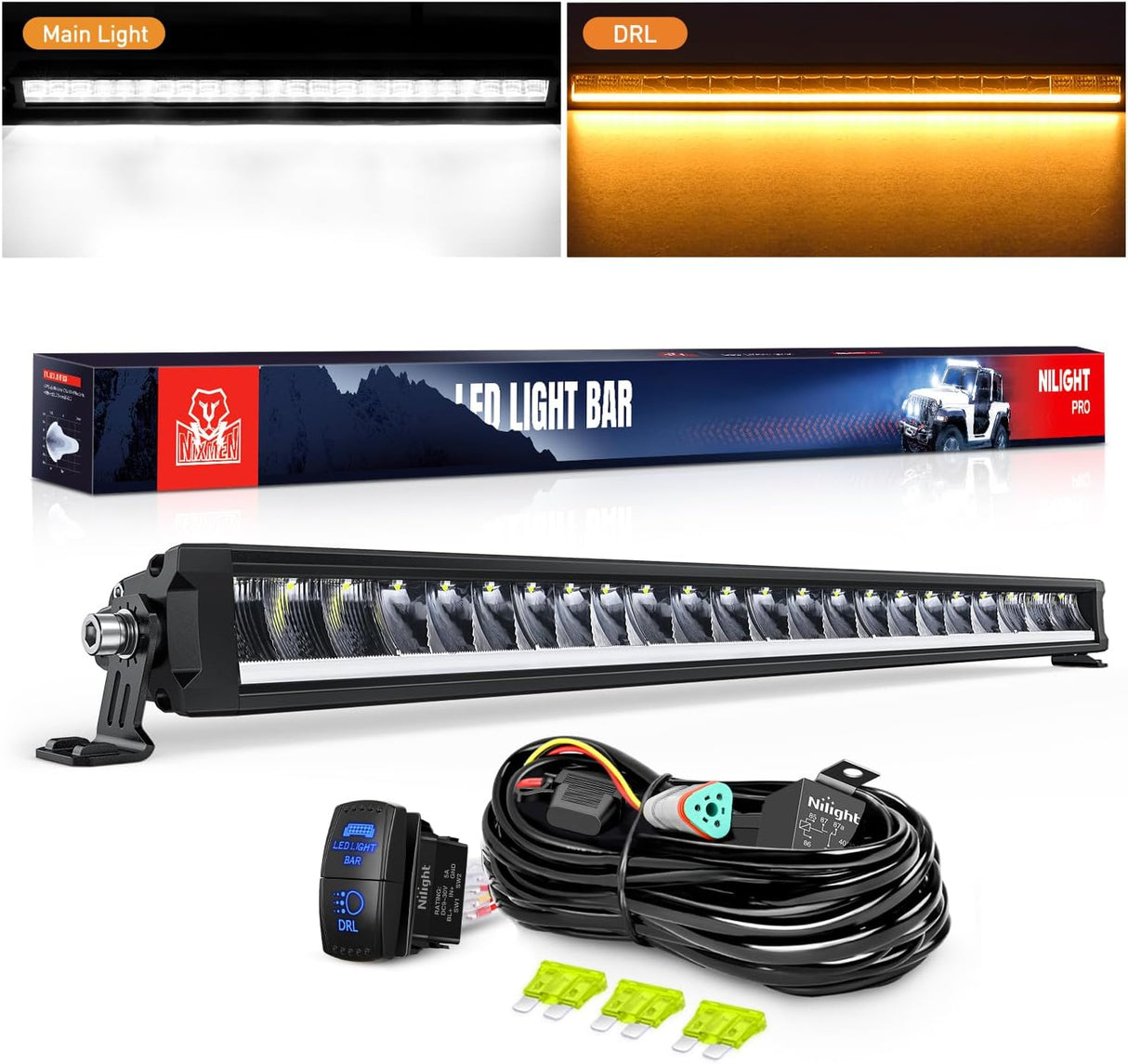 LED Light Bar with Amber DRL 30 Inch 120W Single Row Offroad Light Anti-Glare Flood Spot Combo LED Driving Bar IP68 w/ 14AWG DT Wiring Kit for Pickup Truck SUV ATV UTV Boat 4x4