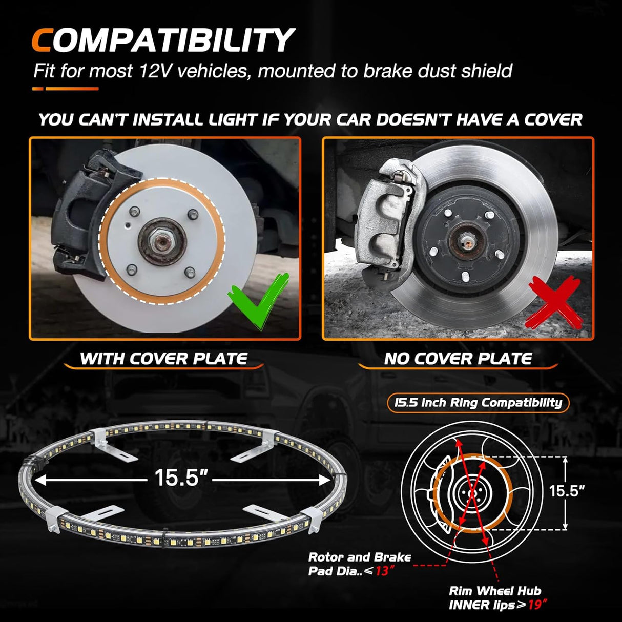 4PCS 15.5inch Double Row LED Wheel Ring Lights Pure White with Wiring Harness Kit Rocker Switch Control Dual Row for Car Van SUV Truck