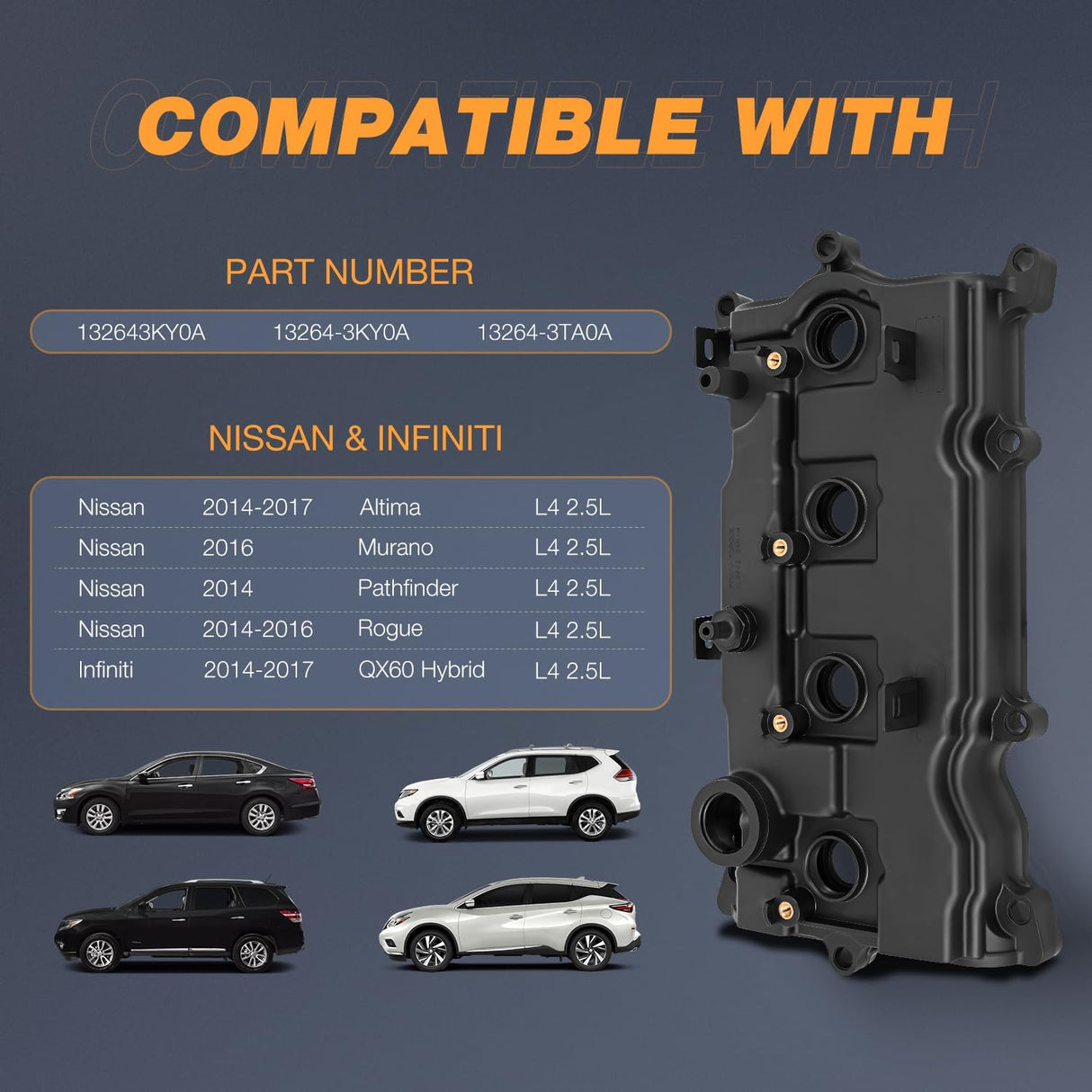 Engine Valve Cover for Nissan Altima 2014 2015 2016 2017, Rogue 2014-2016, Murano 2016, Pathfinder 2014, Valve Cover for QX60 Hybrid 2014 2015 2016 2017, 2.5L #132643KY0A (Bolts Included)