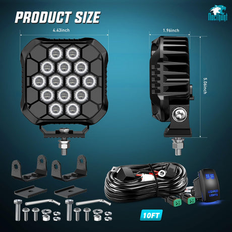 LED Pod Light 2 PCS 4.4 Inch 90 W 18 LED Square Hyper Flood Beam Offroad Driving Lights w/14 AWG Rocker Switch Wiring Harness Kit for Truck Motorbike Boat ATV UTV