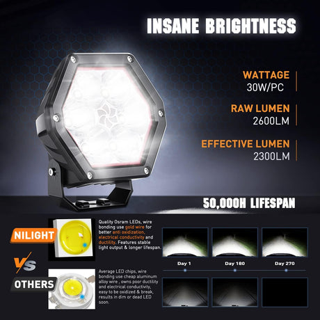 LED Pod Lights with Amber DRL 4 Inch 30 W Hexagon Offroad Driving 2600 LM Super Spot Light 16 AWG Wiring Harness Kit for LED Auxiliary Work Lights for Truck UTV ATV SUV 4x4