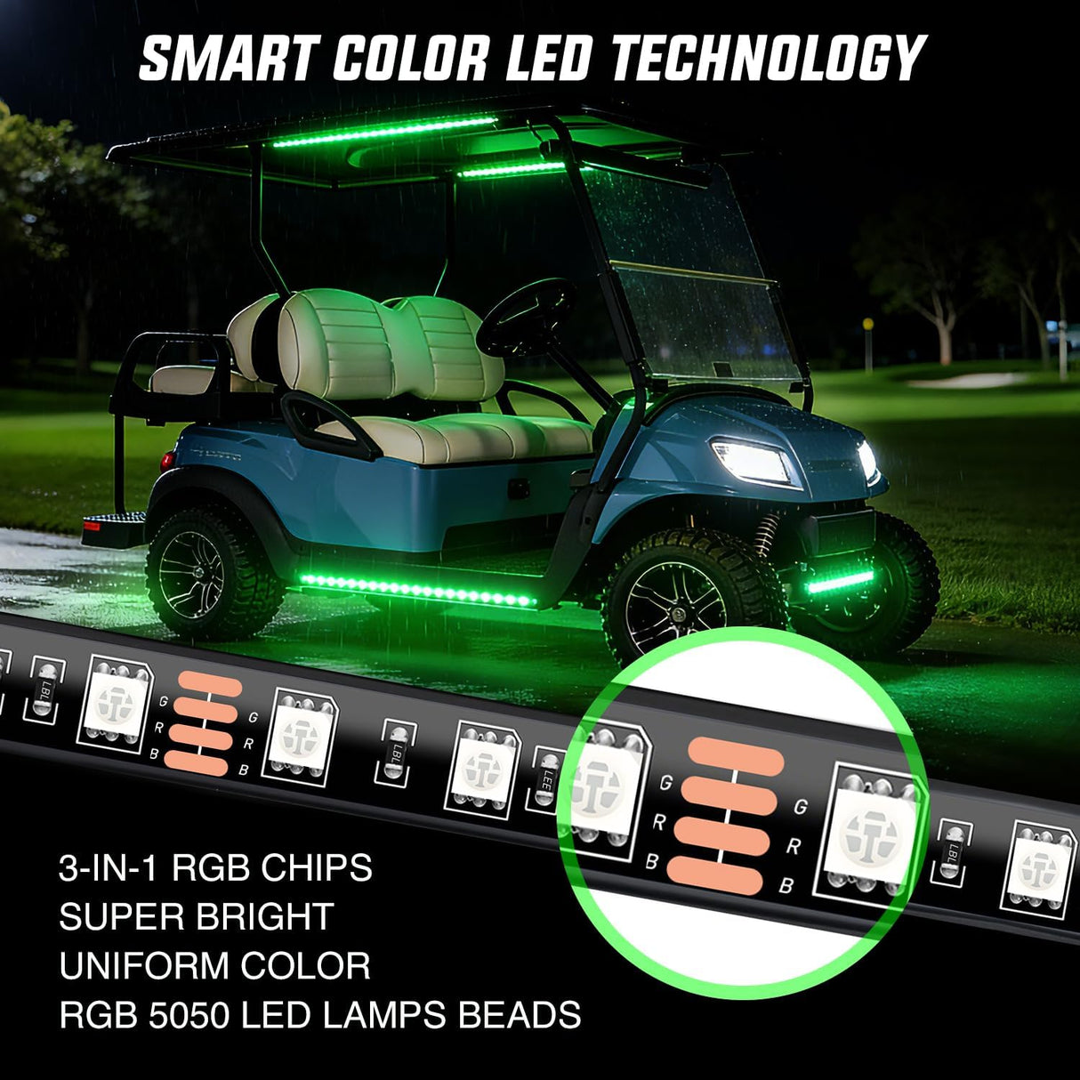 6PCS Golf Cart RGB LED Underglow Light Strips Kit APP & Remote | Multi-Mode Neon Accent Lighting Lamp Sound Active Music Sync IP67 Waterproof 12V-66V Input for EZGO Yamaha Club Car