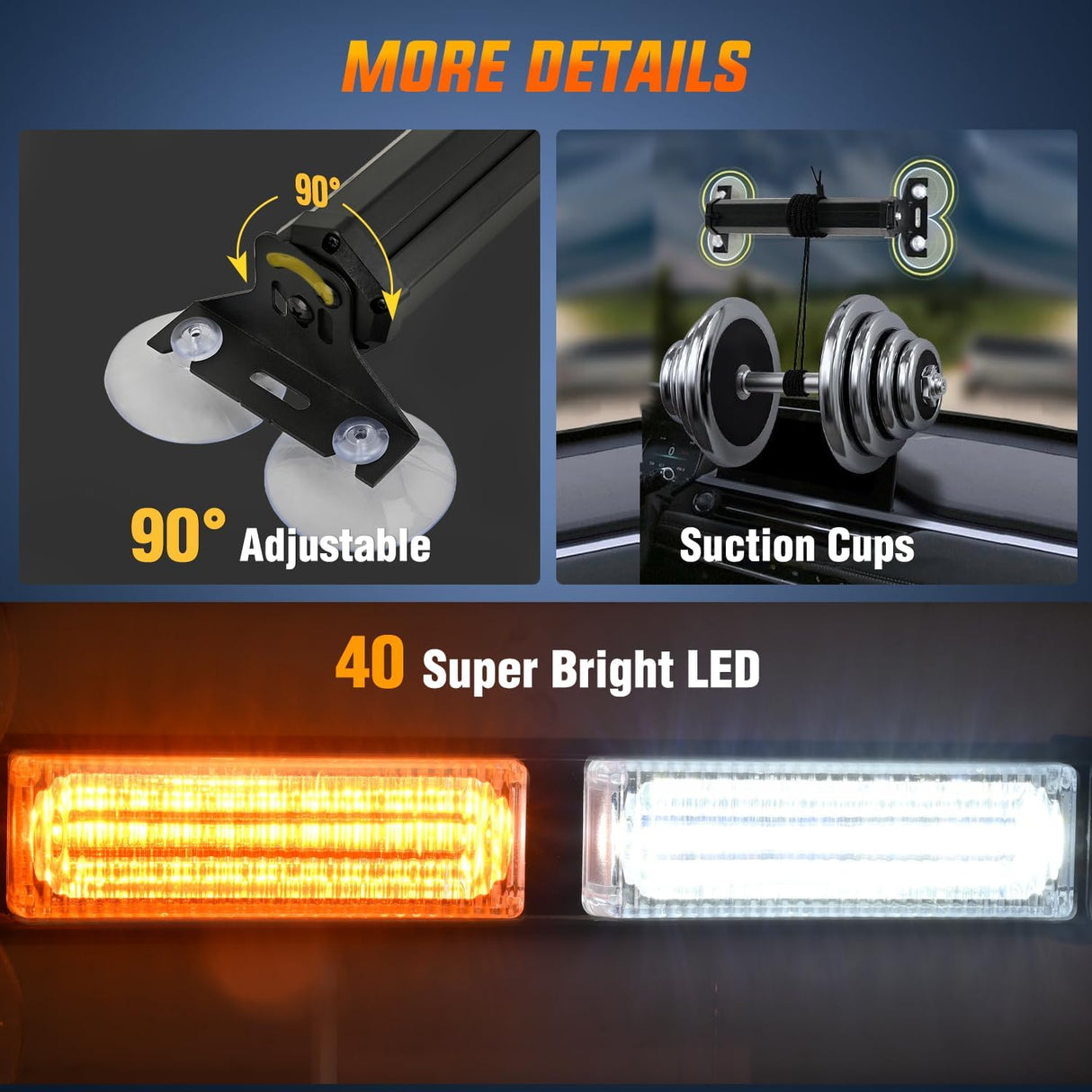40LED Amber White Emergency Strobe Traffic Advisor Light Bar with Suction Cups Dash Safety Warning Hazard Flashing Lights Interior Front/Rear Windshield for Trucks Construction Vehicles