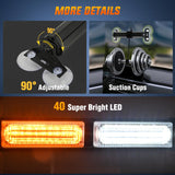 40LED Amber White Emergency Strobe Traffic Advisor Light Bar with Suction Cups Dash Safety Warning Hazard Flashing Lights Interior Front/Rear Windshield for Trucks Construction Vehicles