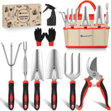 Gardening Tools 9-Piece Heavy Duty Garden Tool Set Gardening Supplies Gifts for Women Men Gardening Hand Tool Kit with Non-Slip Ergonomic Handle, Garden Bag, Durable Gloves, Pruning Shears, Red