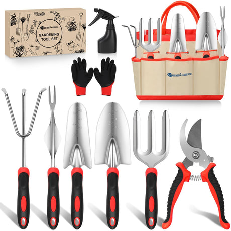 Gardening Tools 9-Piece Heavy Duty Garden Tool Set Gardening Supplies Gifts for Women Men Gardening Hand Tool Kit with Non-Slip Ergonomic Handle, Garden Bag, Durable Gloves, Pruning Shears, Red