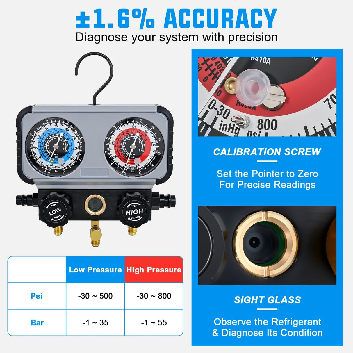 A/C Manifold Gauge Set Fits for R134a R410A R22 R404A 3-Way Auto HVAC Diagnostic Gauges Refrigerant Recharge kit with Adjustable Couplers 5FT Hoses Universal Can Tap