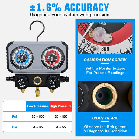 A/C Manifold Gauge Set Fits for R134a R410A R22 R404A 3-Way Auto HVAC Diagnostic Gauges Refrigerant Recharge kit with Adjustable Couplers 5FT Hoses Universal Can Tap