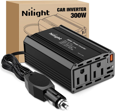 300W Power Inverter 12V DC to 110V AC Car Converter with PD 65W USB C & QC3.0 for Phones Tablets Laptop Computer Game Console Kindle iPad DVD Players Black