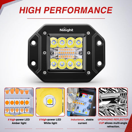 Flush Mount LED Light Pods 2PCS 42W Amber White 3 Lighting Modes Fog Lights Spot Flood Combo Beam with Dual Control 18AWG Wiring Harness for Truck Pickup Golf Cart UTV ATV SUV Boat 4x4 Car