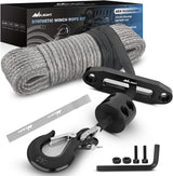 Synthetic Winch Rope Kit, 1/4 Inch x 50 Feet Winch Line Cable for ATV UTV Offroad, 10000 lbs Gray Winch Cable Ropes with Winch Fairlead+ Forged 35000lb Winch Hook+ Rubber Stopper Safety Strap