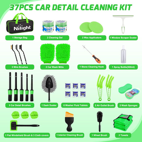 Automotive Tools 37PCS Car Detailing Kit Auto Cleaning Tools Wash Set with Storage Carry Bag Home Use for Interior Exterior Deep Clean Car Care Windshield Dashboard Seat Air Vents Wheels Tires, Green