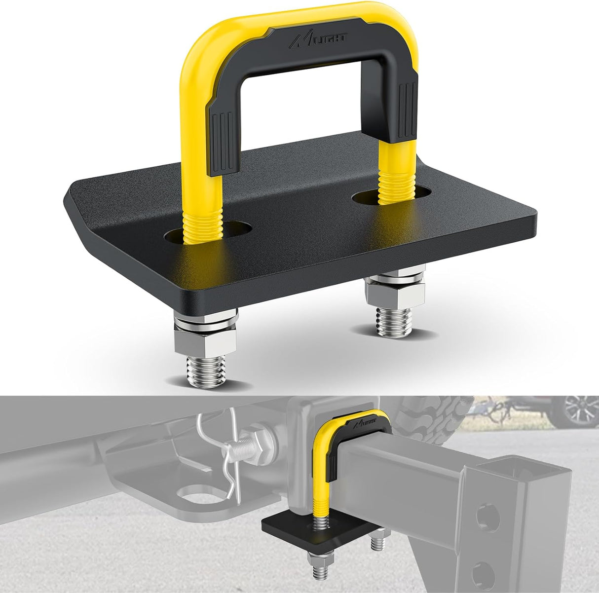 Trailer Hitch Tightener for 2 Inch Trailers Hitches Mount Anti Rattle Heavy Duty Steel with Rubber Cover Yellow U Bolt Matte Black Plate Electrophoresis Anti-Rust Triple Protective