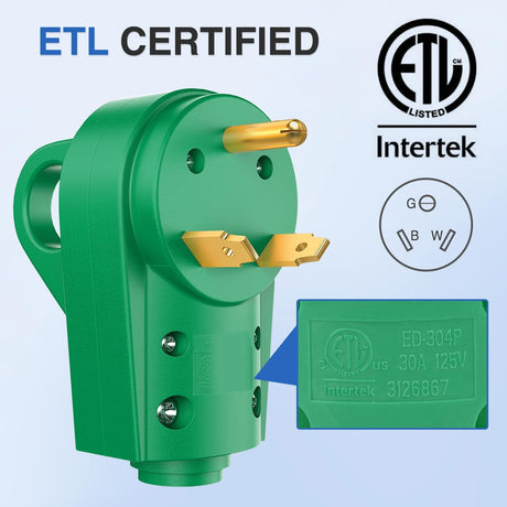 30 Amp RV Male Replacement Plug 125 Volt Heavy Duty with Handle ETL Listed NEMA TT-30P for Camper Caravan Motorhome Van Trailer