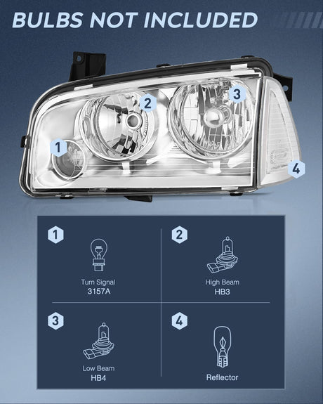 Headlight Assembly Compatible with 2006 2007 2008 2009 2010 Dodge Charger Chrome Housing Clear Reflector Lens Headlights Replacement Bumper Lamp Set Driver and Passenger Side