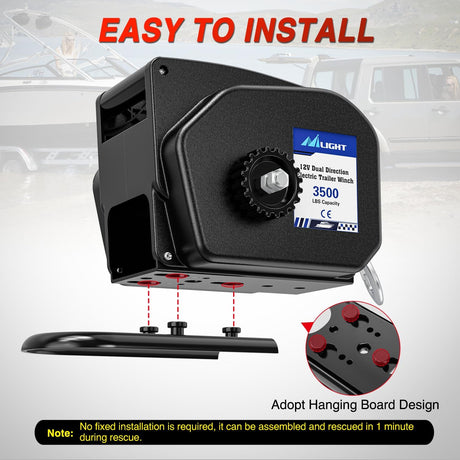 Boat Trailer Winch 3500 lbs Portable Electric Boat Winches 12 V DC Marine Winch with Remote Control and Hand Crank Power-in Freewheel Operation Waterproof Reversible Winch for Boat Trailer