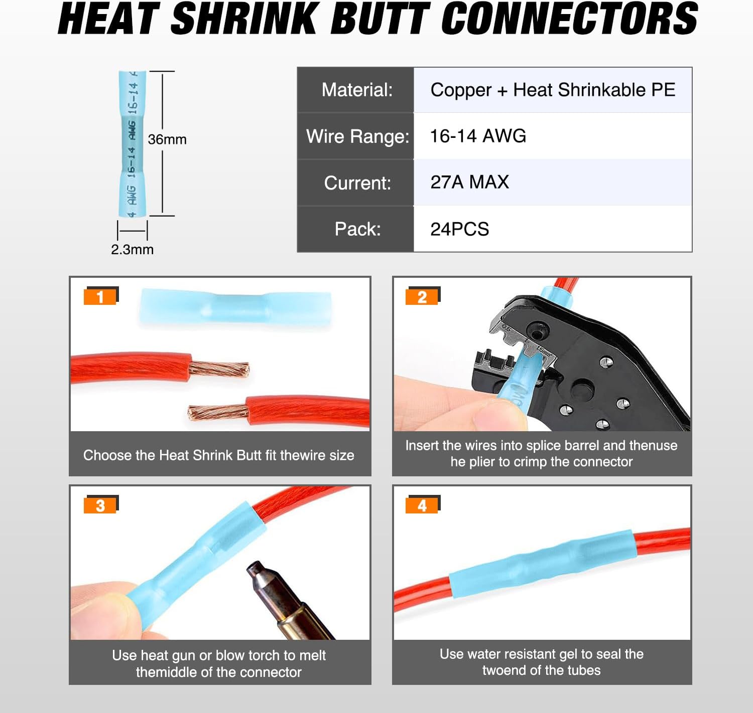 2 Pin DT Connectors 16AWG 6 Kits Male and Female Electrical Connector Waterproof Plug and Play w/Heat Shrink Butt Terminals nilight