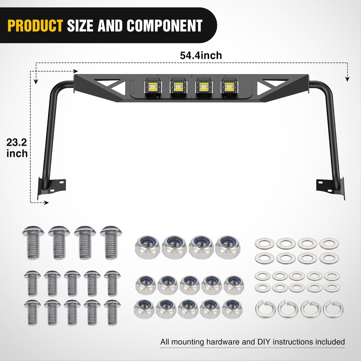 Front Windshield Frame Cover Roof Sun Visor Cowl Body Armor with 4 x LED Lights Compatible with 2007-2018 Jeep Wrangler JK JKU Unlimited, Windscreen Rack Protector Stand