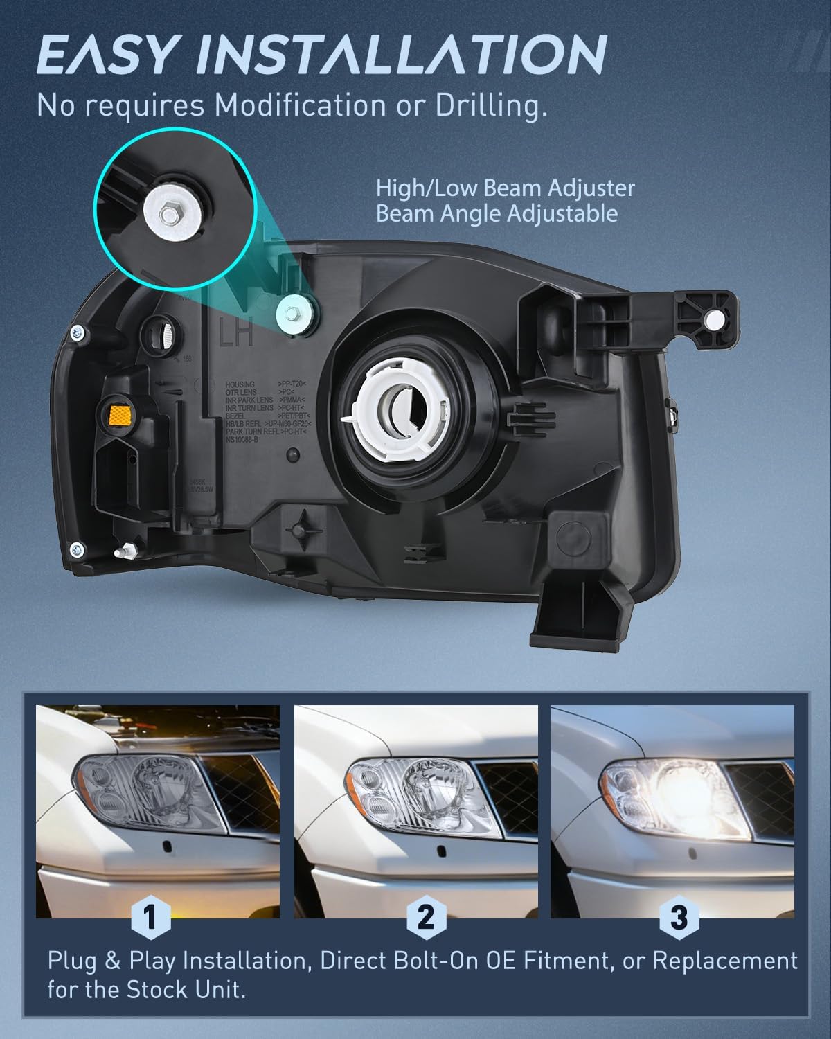 Headlight Assembly Compatible with 2001 2002 2003 2004 Nissan Frontier XE OE Style Replacement Halogen Headlights Chrome Housing Amber Reflector Clear Turn Light Headlamp Passenger and Driver