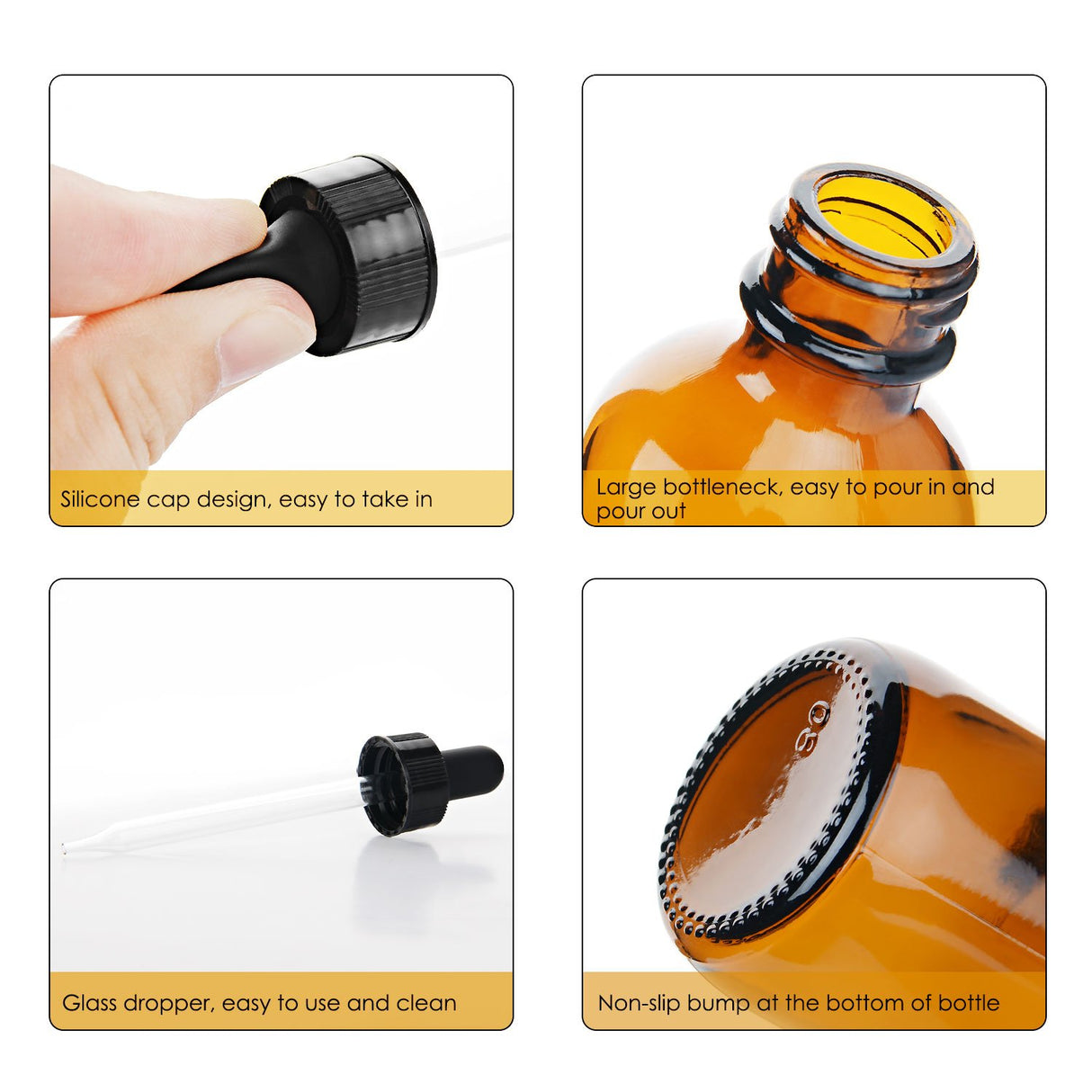 Amber Glass Bottles for Essential Oils with Glass Eye Dropper 60 ml (2oz) for Essential Oils, Chemistry Lab Chemicals, Colognes & Perfumes- Pack of 6