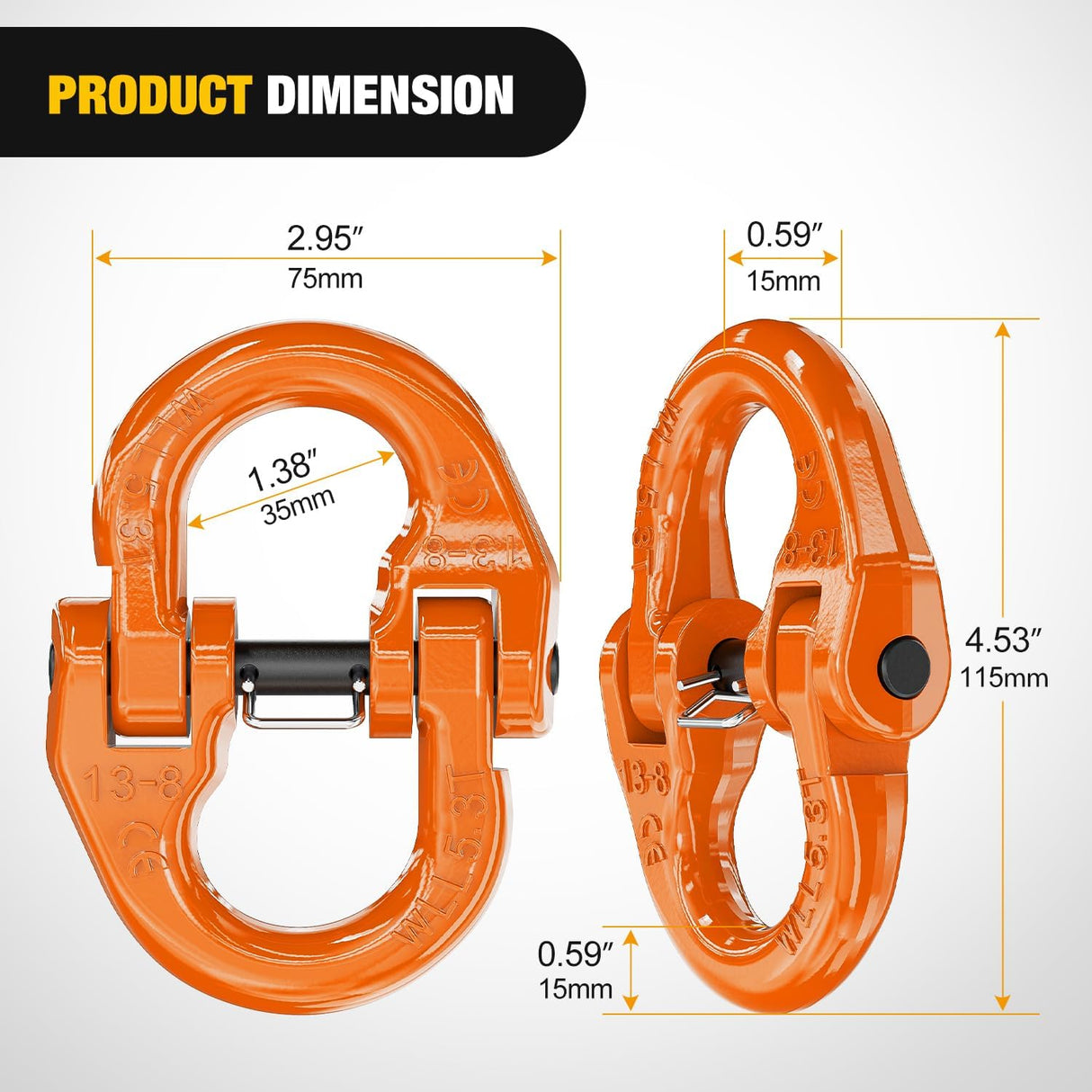 Safety Chain Connector Link, 1/2In Tow Hitch Hammerlock Coupling Link, 2 Pack Forged Steel Tow Chain Connector for Chain Link/Recovery Rope Link/Shackle, 12000 lbs Load Limit, Orange