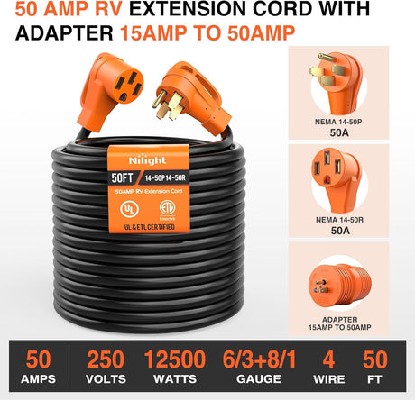 50FT 50 Amp RV Extension Cord with Adapter 15Amp to 50Amp 250V Heavy Duty 6/3+8/1 Gauge Pure Copper STW Wire UL ETL Listed 4 Prong 14-50P 14-50R Weatherproof Suit for Generators Camper
