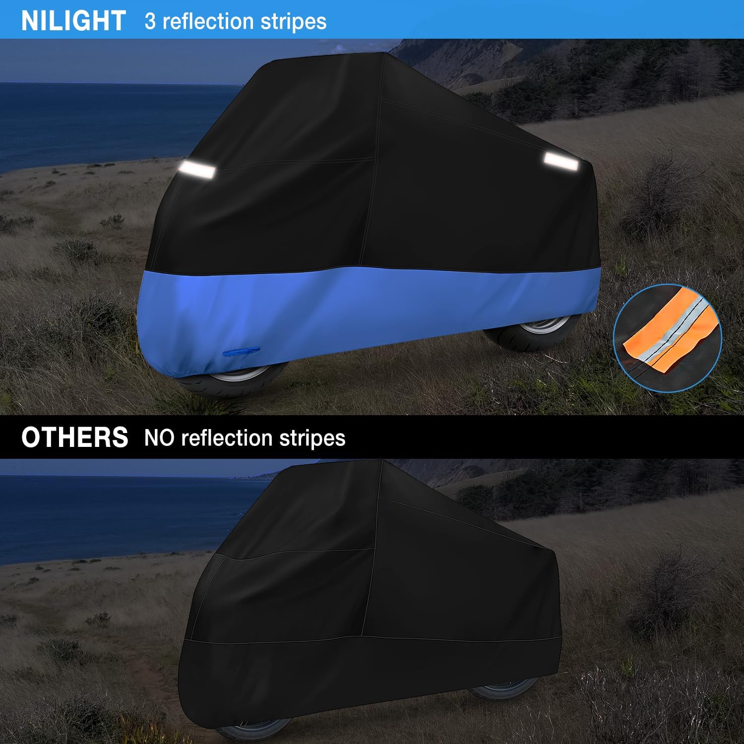 Motorcycle Cover with Lock-Hole Storage Bag & Protective Reflective Strip Fits up to 108" Nilight