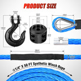 1/4 Inch x 50 Feet Winch Rope Synthetic Winch Line Cable Universal for ATV UTV 4x4 Off-Road Vehicle 9000lbs Winch Line Ropes with Steel Hook Rubber Stopper Protective Sleeve Safety Strap,Blue