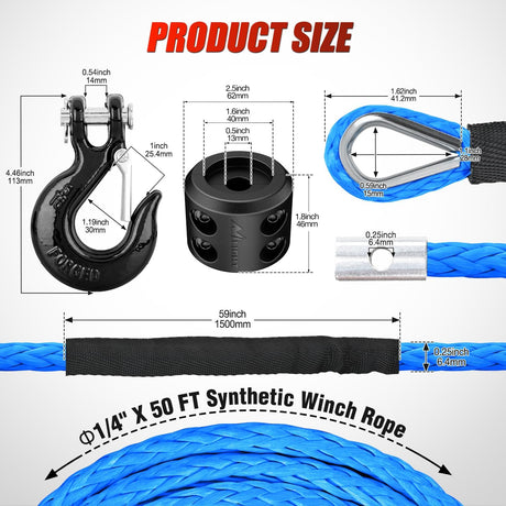1/4 Inch x 50 Feet Winch Rope Synthetic Winch Line Cable Universal for ATV UTV 4x4 Off-Road Vehicle 9000lbs Winch Line Ropes with Steel Hook Rubber Stopper Protective Sleeve Safety Strap,Blue