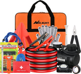 Car Emergency Kit with Jumper Cable Air Compressor Tire Repair Essential Tools First Aid Alligator Connector Electrical Kit for Travel Camping Outdoor Cars Truck SUV RV