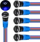 12mm Latching Push Button Switch 6pcs LED Blue Waterproof Small Round Power Button Switches with Pre-Wiring Socket for Car Truck Boat Marine RV Vehicle
