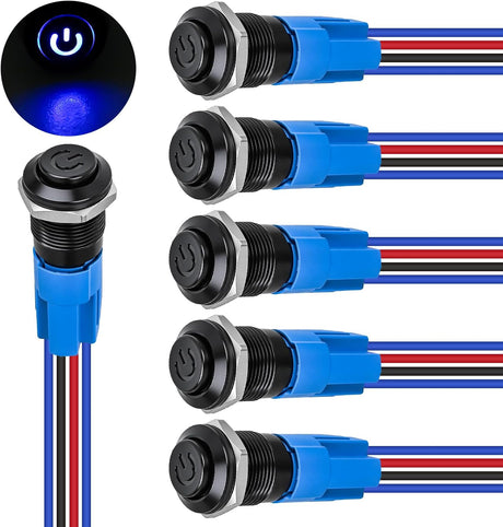 12mm Latching Push Button Switch 6pcs LED Blue Waterproof Small Round Power Button Switches with Pre-Wiring Socket for Car Truck Boat Marine RV Vehicle