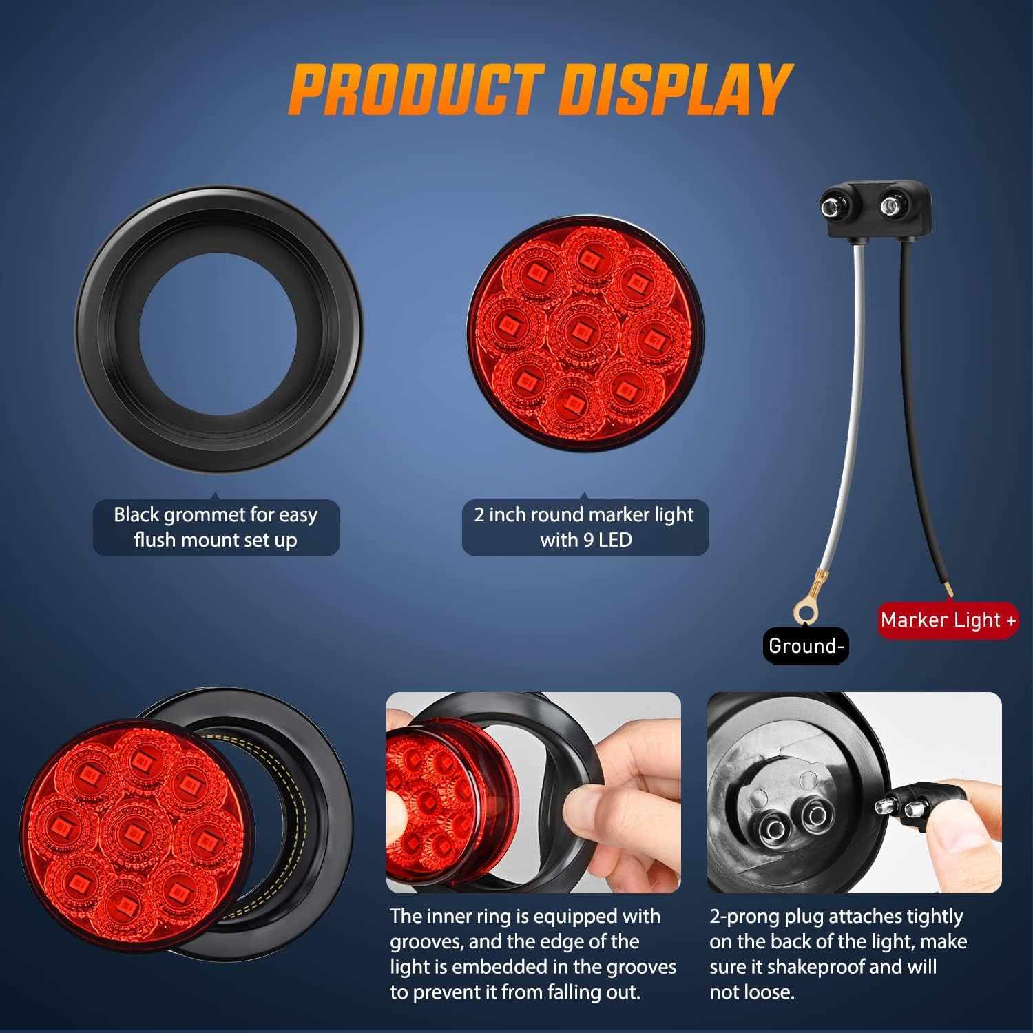 2" Red 9 Leds Round Side Marker Light (Pair) Nilight