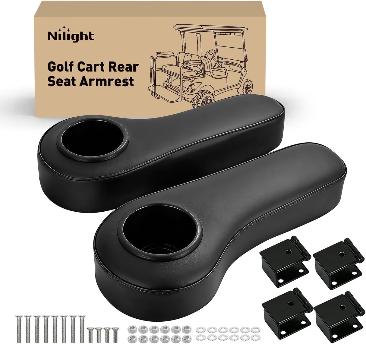 Golf Cart Armrests 2PCS Black Flip Stand Cup Holder | No Drilling Detachable PU Leather Armrest with Iron Bracket Fits 1 Inch Square Tubes for EZGO Club Car Yamaha Rear Seat
