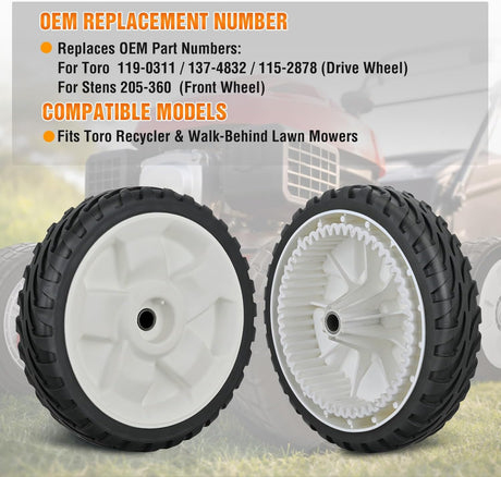 Lawn Mower Drive Wheels Replacement 8 Inch 119-0311, Stens 205-360 Assembly, Toro Lawnmower Front Wheels Compatible with 20001 20330 20331 20339 20350 and More, 2-Pack