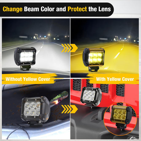 Light Bar Cover for 4 Inch LED Pods, 2 PCS Yellow Protective Durable Polycarbonate Lens Waterproof Dustproof Scratch-Proof for Double-Row Off Road Driving Lighting