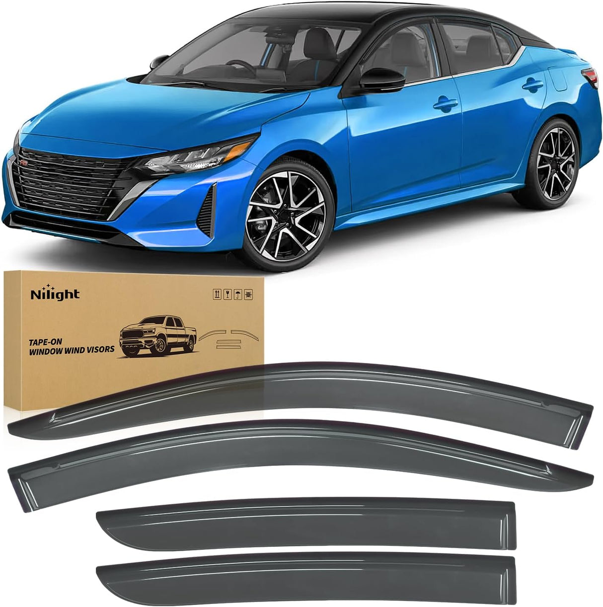 Tape-On Rain Guards for Nissan Sentra 2020 2021 2022 2023 2024 2025 | Outside Mount Window Visors Vent Visors Window Deflectors Fresh Air Ventilation Rain & Sun Protection Smoke Tint 4PCS