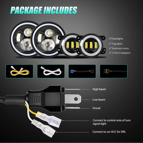 7 Inch Round LED Halo Headlights and 4 IN Fog Lights w/Turn Signal Amber White DRL High Low Beam Compatible with 2007 2008 2009 2010 2011 2012 2013 2014 2015 2016 2017 2018 Wrangler JK JKU