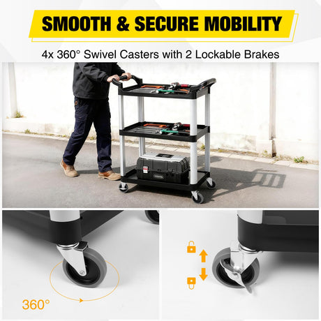 3-Tier Utility Plastic Cart with Steel Frame - 220 lbs Capacity Rolling Service Cart with Locking Wheels - Professional Bus Cart