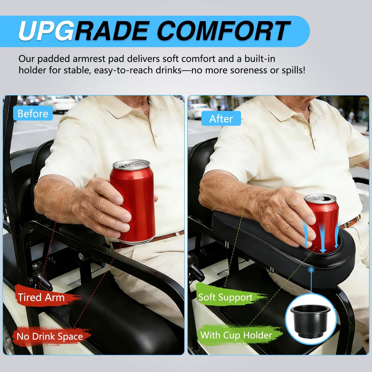 Golf Cart Armrests 2PCS Black Flip Stand Cup Holder | No Drilling Detachable PU Leather Armrest with Iron Bracket Fits 1 Inch Square Tubes for EZGO Club Car Yamaha Rear Seat