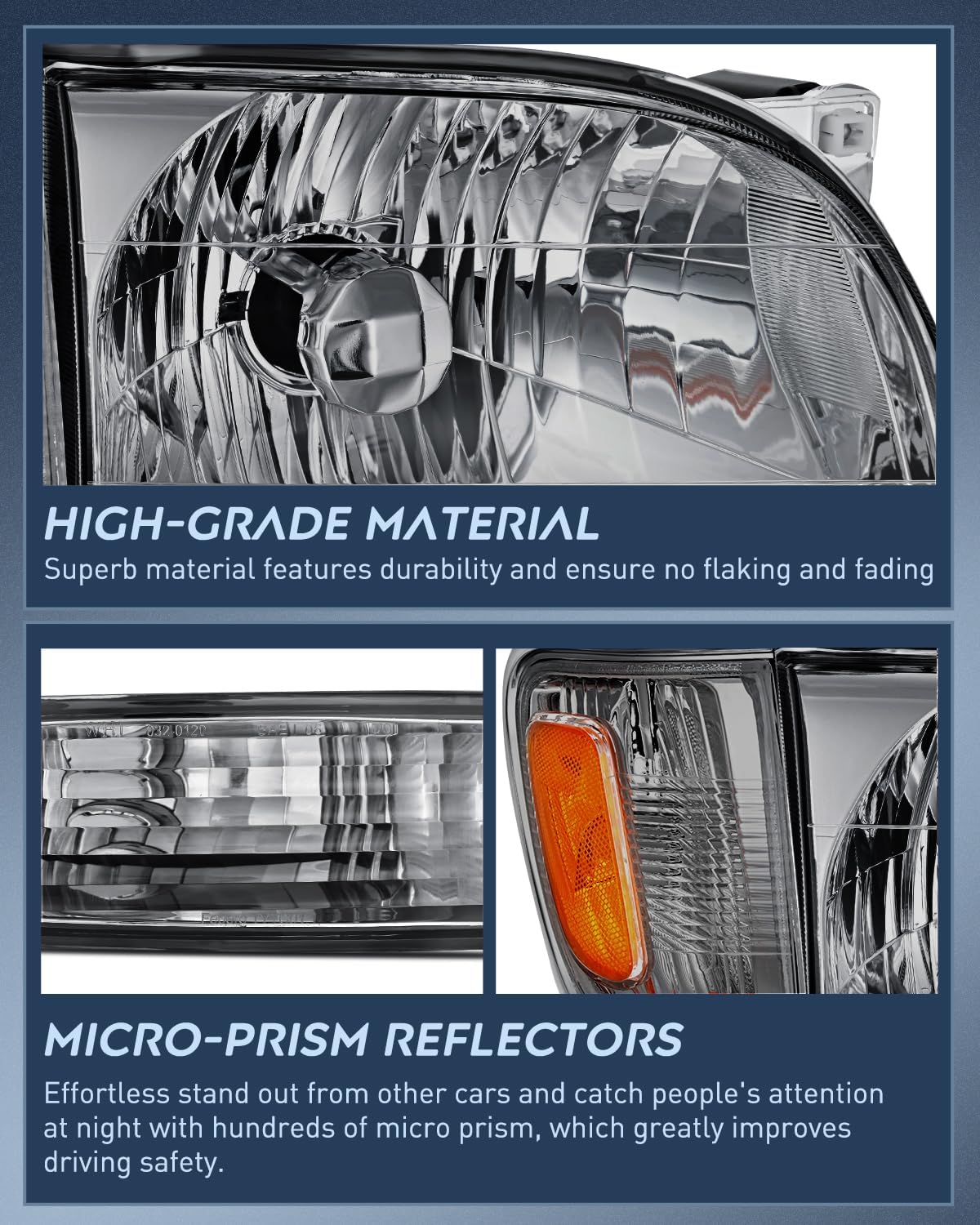 Headlight Assembly for 2001 2002 2003 2004 Toyota Tacoma Replacement Headlamp Chrome Housing Amber Reflector Smoke Lens Driver and Passenger Side