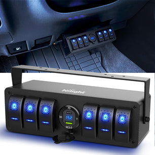 6Gang Aluminum 5Pin SPST Blue Rocker Switch Panel w/ PD Type C and USB Charger Voltmeter Nilight