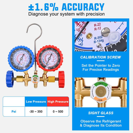 A/C Manifold Gauge Set Fits for R134a R12 R22 R502 3-Way Auto HVAC Diagnostic Gauges Refrigerant Recharge kit with Adjustable Couplers 5FT Hoses Universal Can Tap
