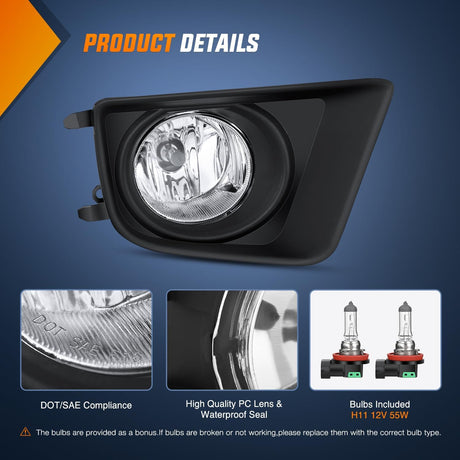 Fog Lights Assembly Compatible with 2012 2013 2014 2015 Toyota Tacoma Clear Lens Driver and Passenger Side H11 12V 55W Bulbs