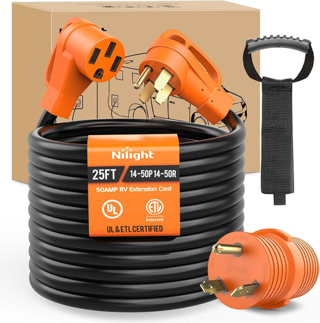 25FT 50 Amp RV Extension Cord with Adapter 30Amp to 50Amp 250V Heavy Duty 6/3+8/1 Gauge Pure Copper STW Wire UL ETL Listed 4 Prong 14-50P 14-50R Weatherproof Suit for Generators Camper