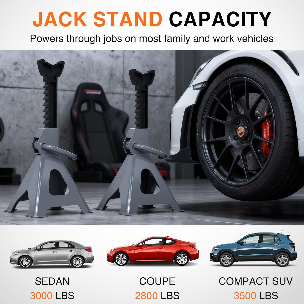 Jack Stands, 2 Ton (4,400 lbs) Capacity Heavy Duty Steel Car Lifting Stand, Adjustable Height 10.6 Inch to 16.2 Inch, 1 Pair