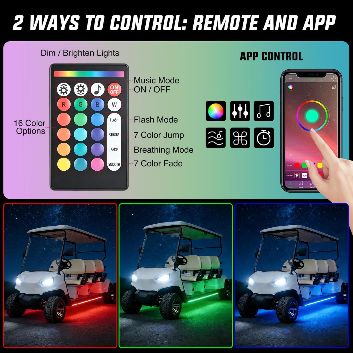 2PCS Golf Cart Underbody Lights Kit RGB Multi-Mode LED Neon Accent Lighting Lamp APP Remote Control Sound Active Music Sync IP67 Waterproof 12V-66V for EZGO Yamaha Club Car